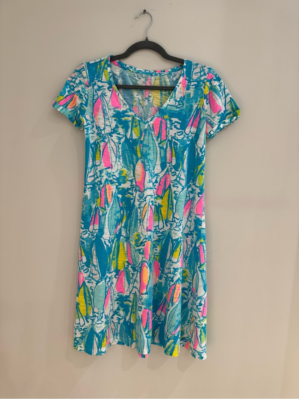 Lilly Pulitzer Teal Multi Short Sleeve V-Neck Swim Coverup